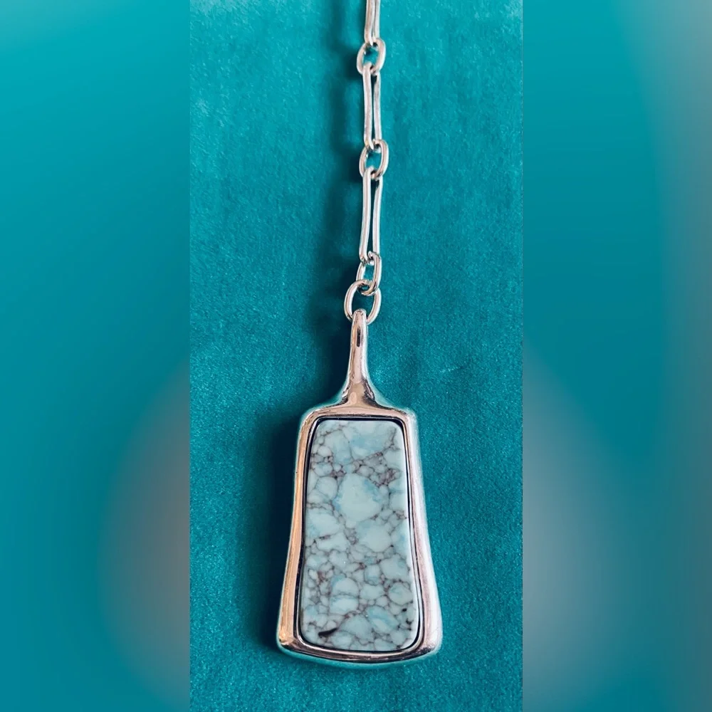RLM SOHO SILVER PAPER CLIP NECKLACE SEMI PRECIOUS MOSAIC TURQUOISE PENDANT/ RARE - Picture 2 of 6